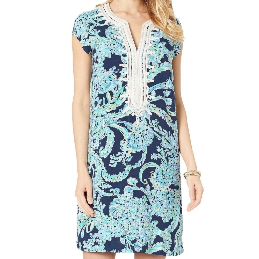 Lilly Pulitzer Marlowe Dress Navy Blue Green Paisley Soutache‎ Trim Small